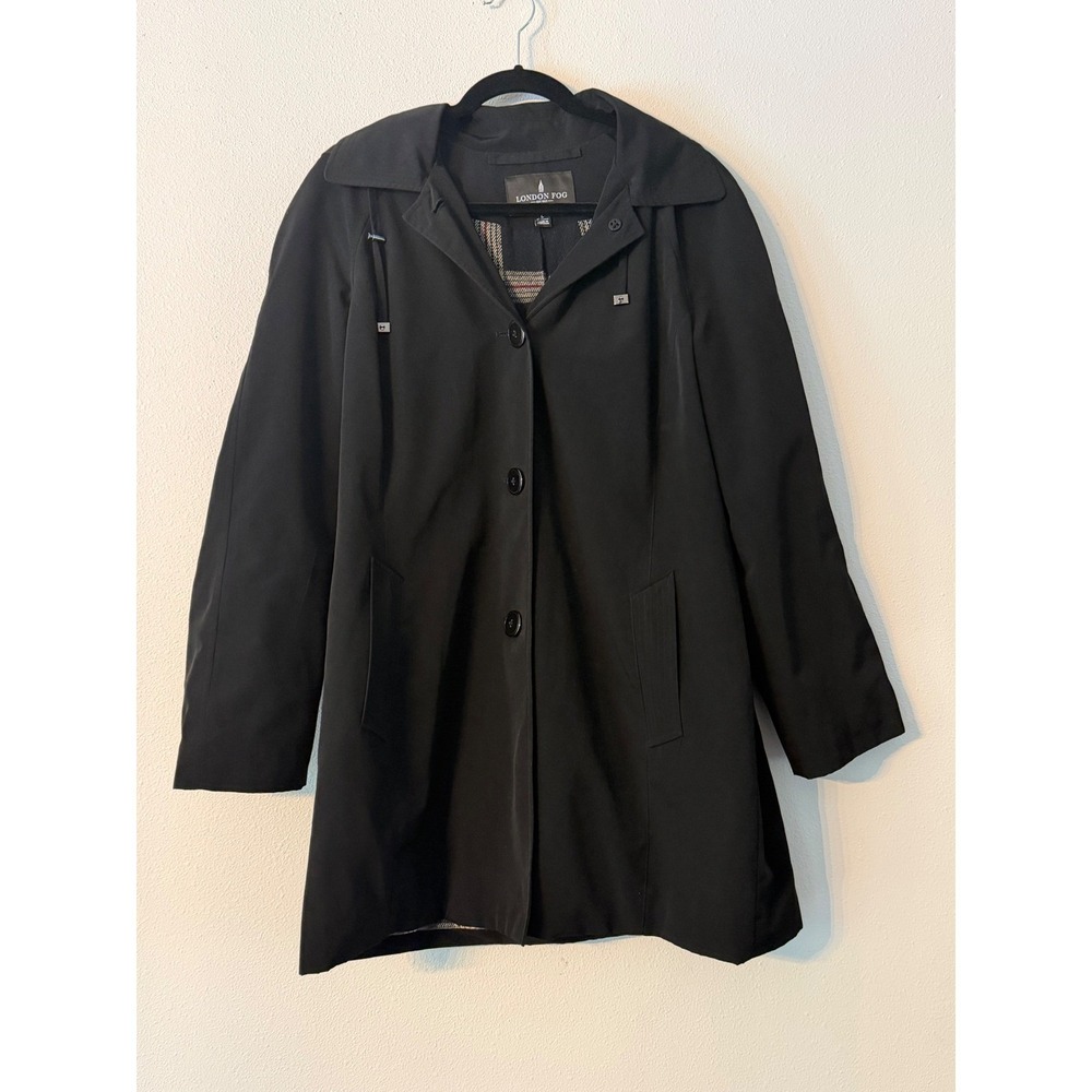 London Fog Womens Black Hooded Trench Coat Lined Hooded Rain Jacket Size Large